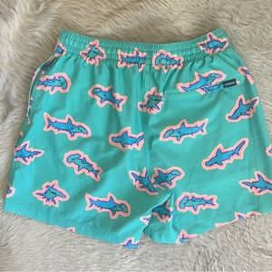 Chubbies Apex swim trunks, medium, 5.5 length, aqua blue with Sharks.